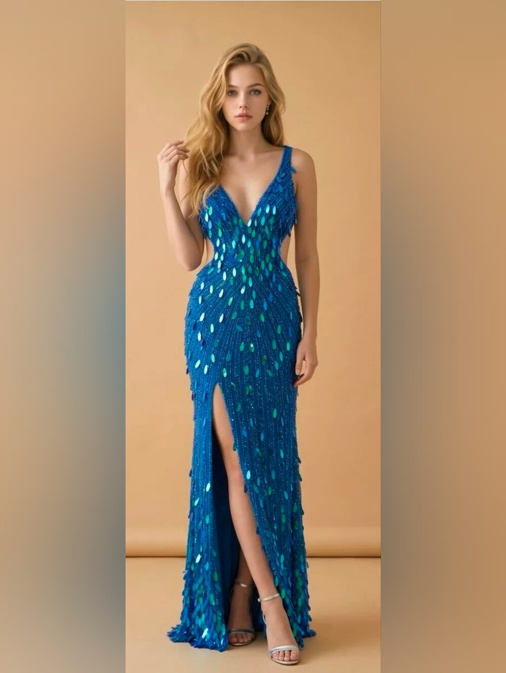 VIP NWT Couture Royal Blue Sequin Slit V-Neck Maxi Gown Dress Size 8 #3749